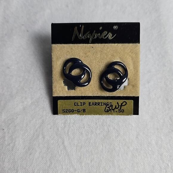 Napier Black Oval & Blue Circles Set of 2 VTG Costume Earrings Screw Clip On - Picture 7 of 11
